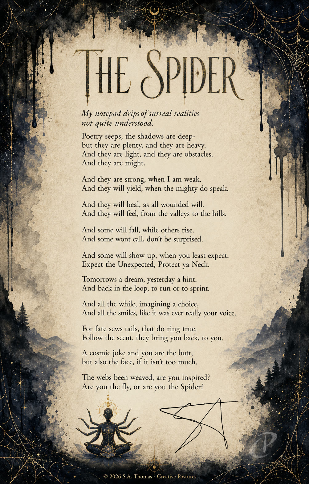 The Spider — poem poster: antique parchment framed in ink drips, cosmic webs, and a meditating spider